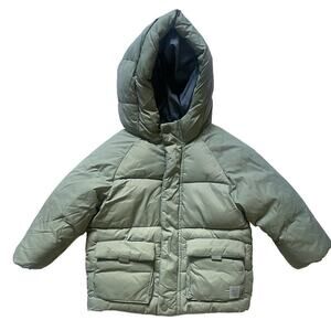 Zara Kids Olive Green Fleece Lined Hooded Puffer Coat • Size 18-24M 🗣
